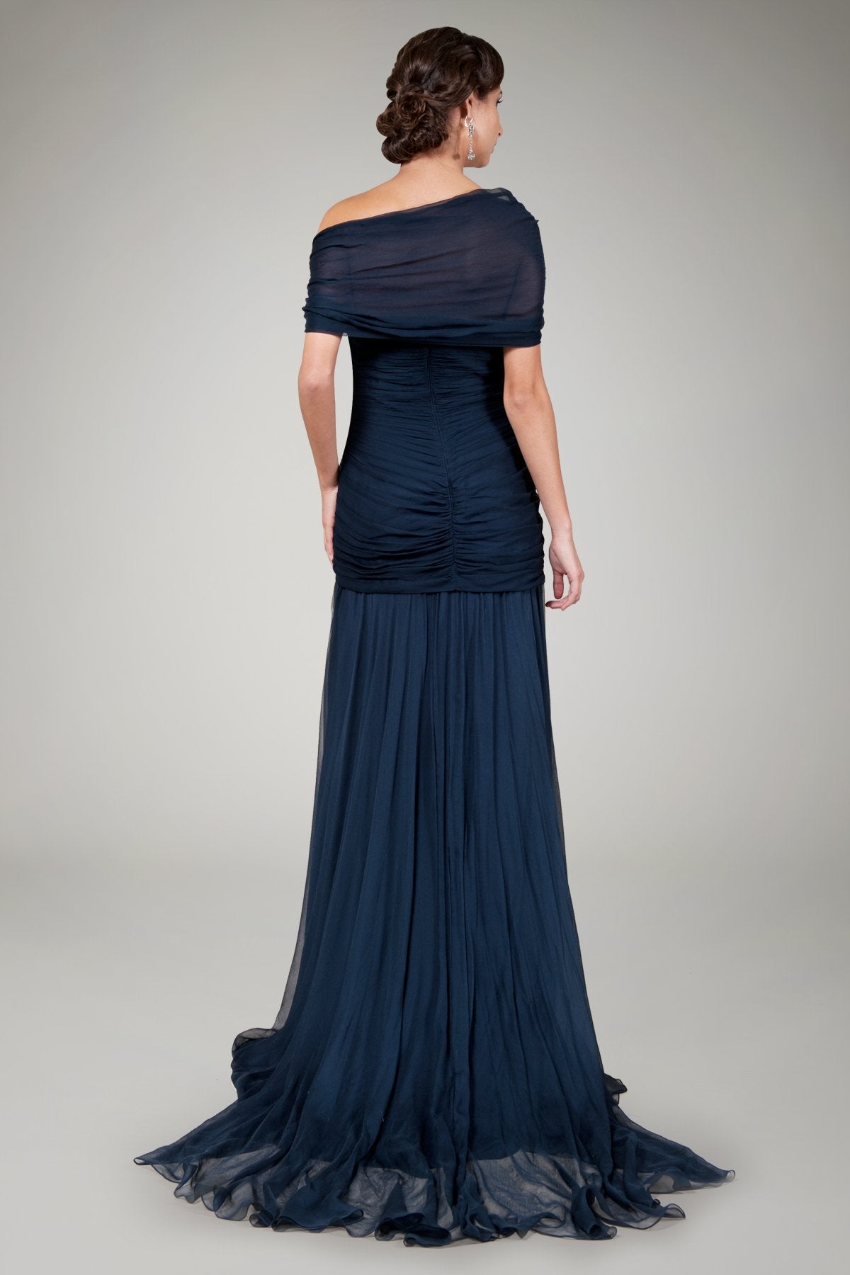 One Shoulder Draped Gown in Navy