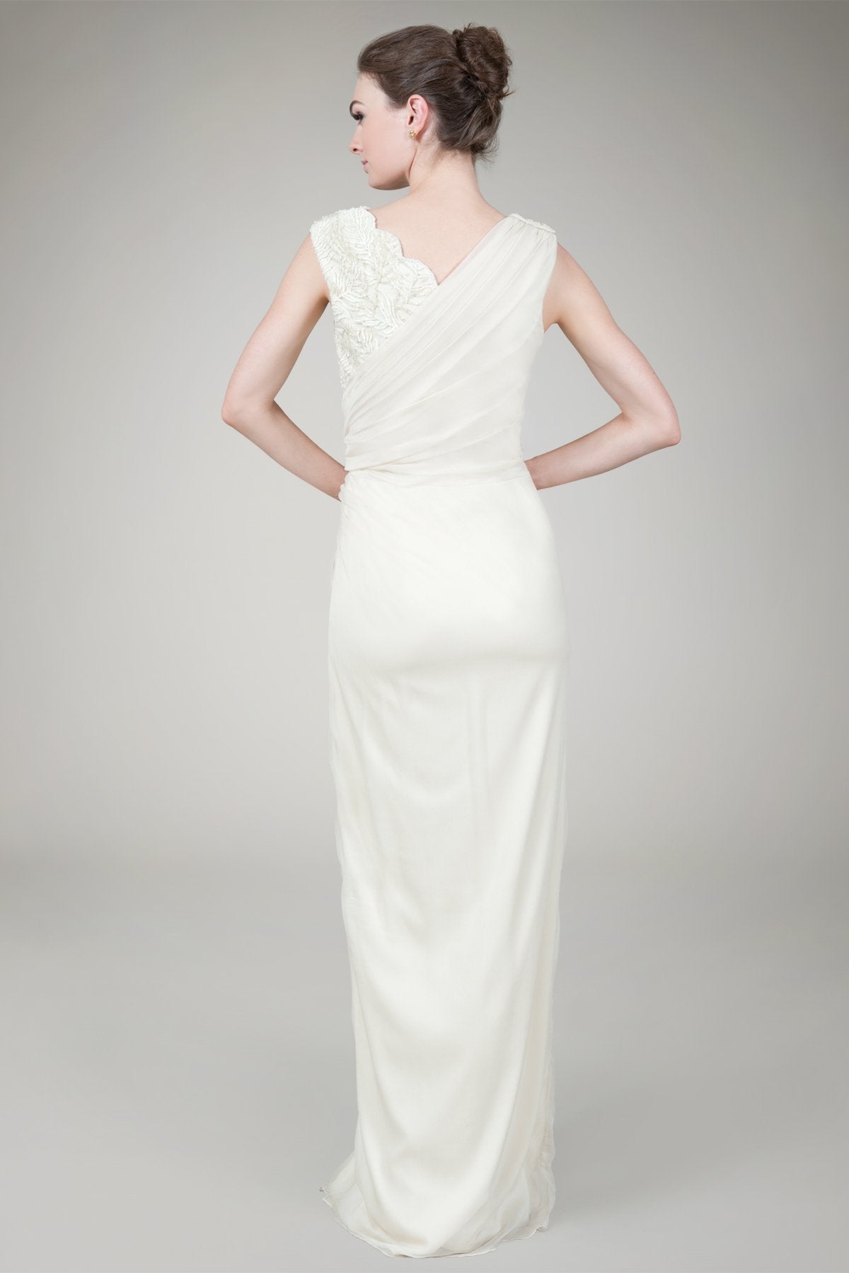 Crinkle Chiffon Lace Inset Gown in Cream
