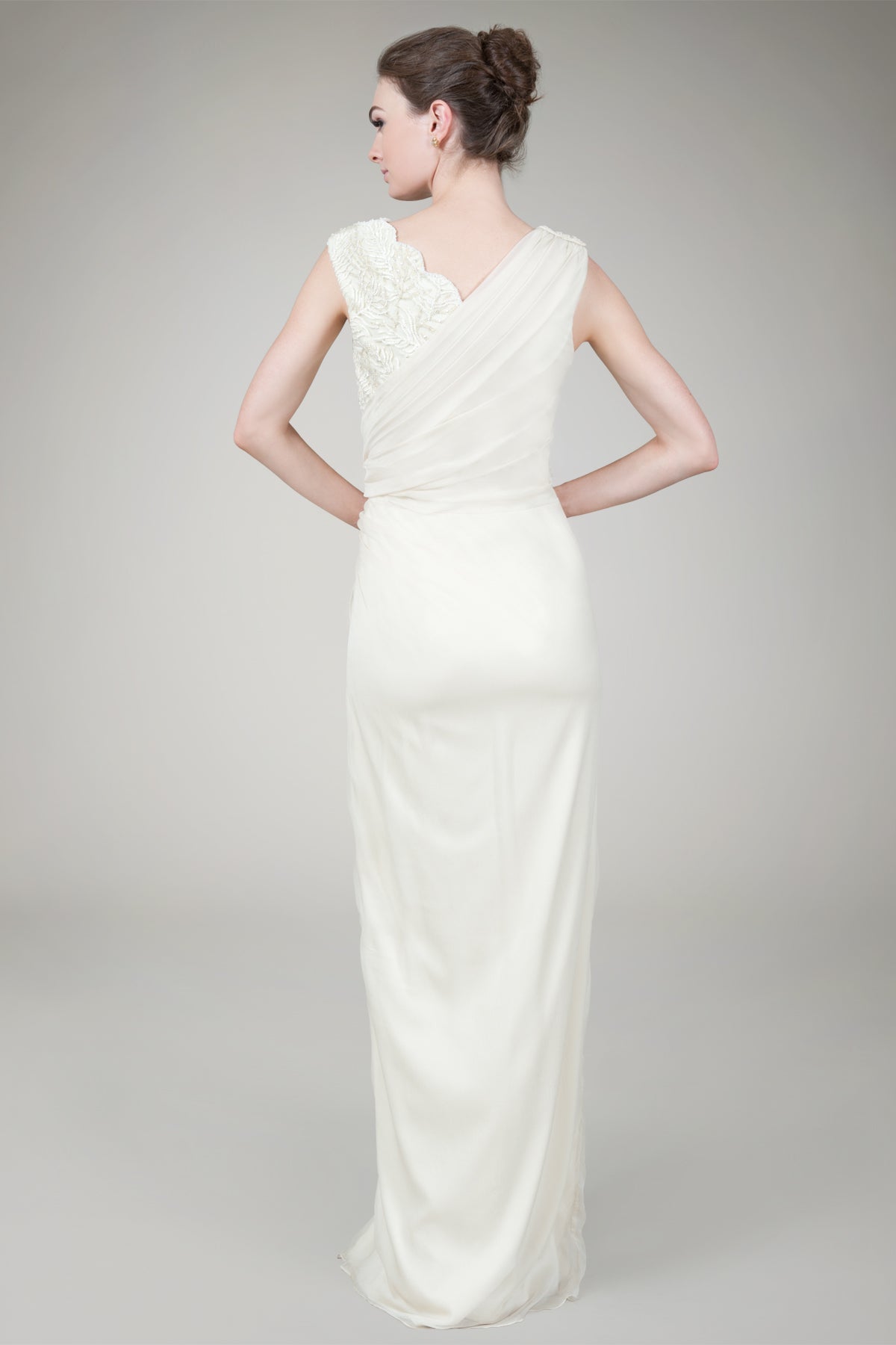 Crinkle Chiffon Lace Inset Gown in Cream