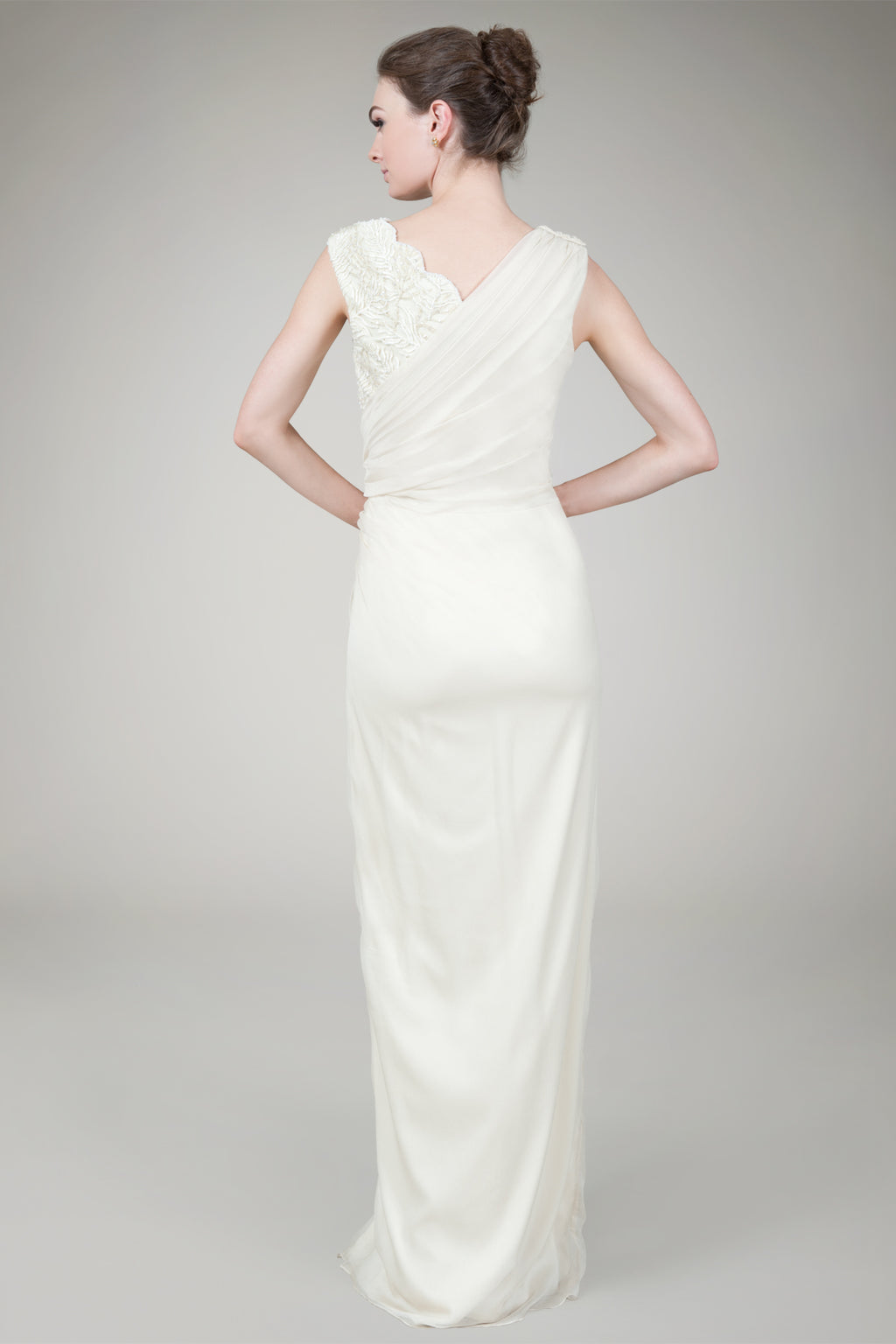 Crinkle Chiffon Lace Inset Gown in Cream