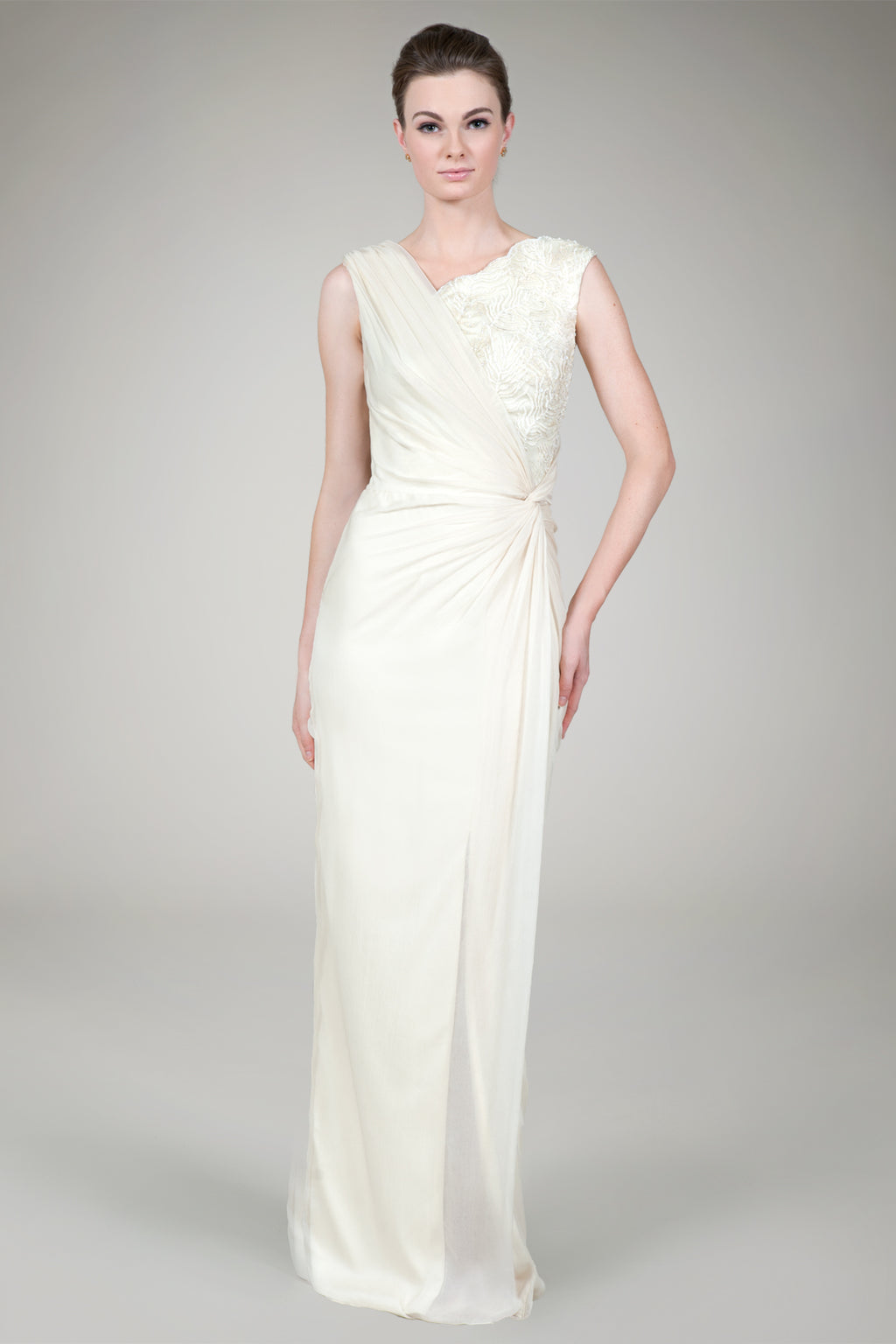 Crinkle Chiffon Lace Inset Gown in Cream
