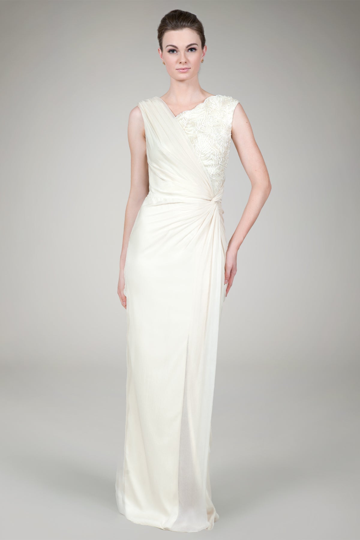 Crinkle Chiffon Lace Inset Gown in Cream