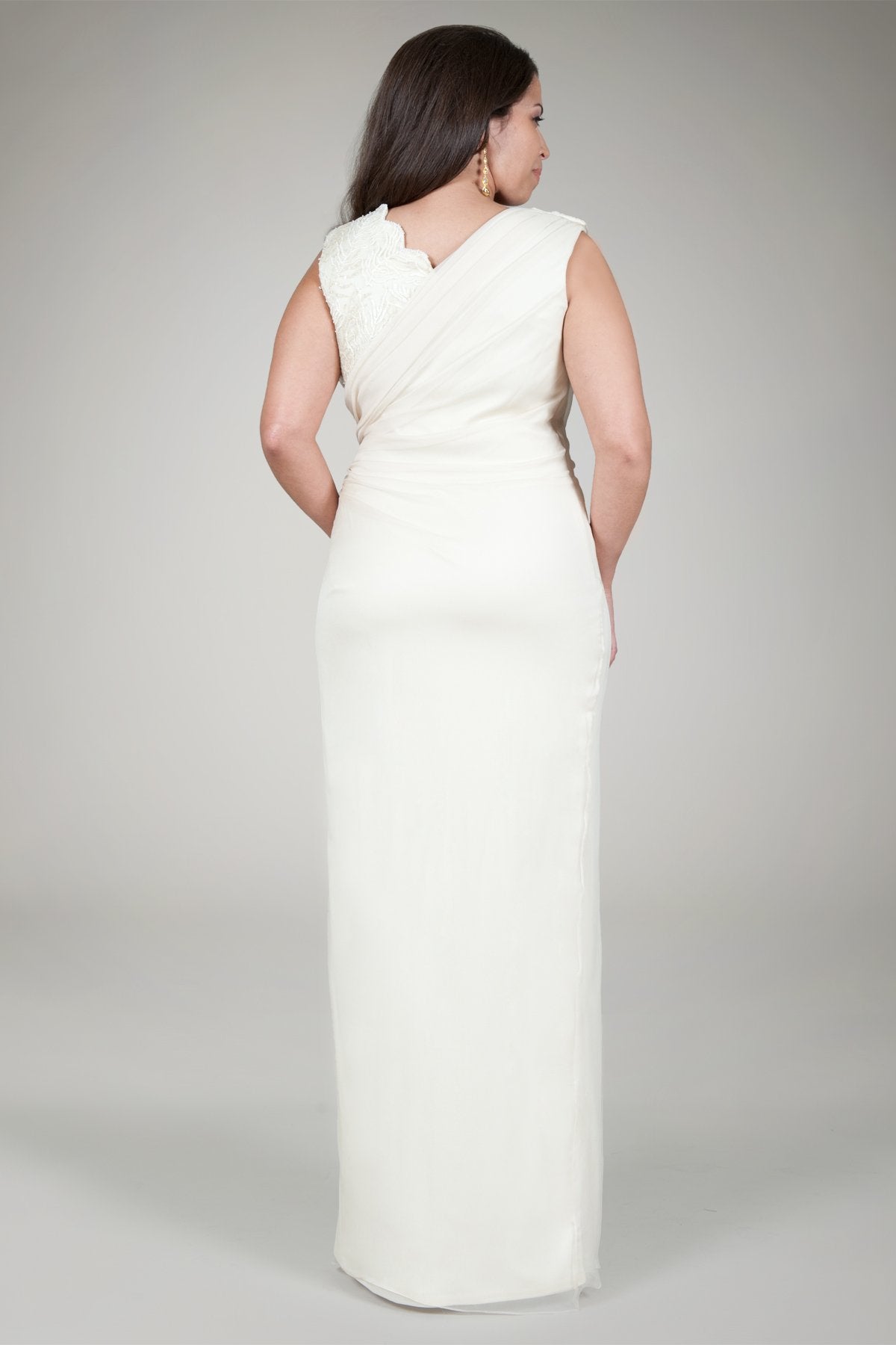 Crinkle Chiffon Lace Inset Gown in Cream