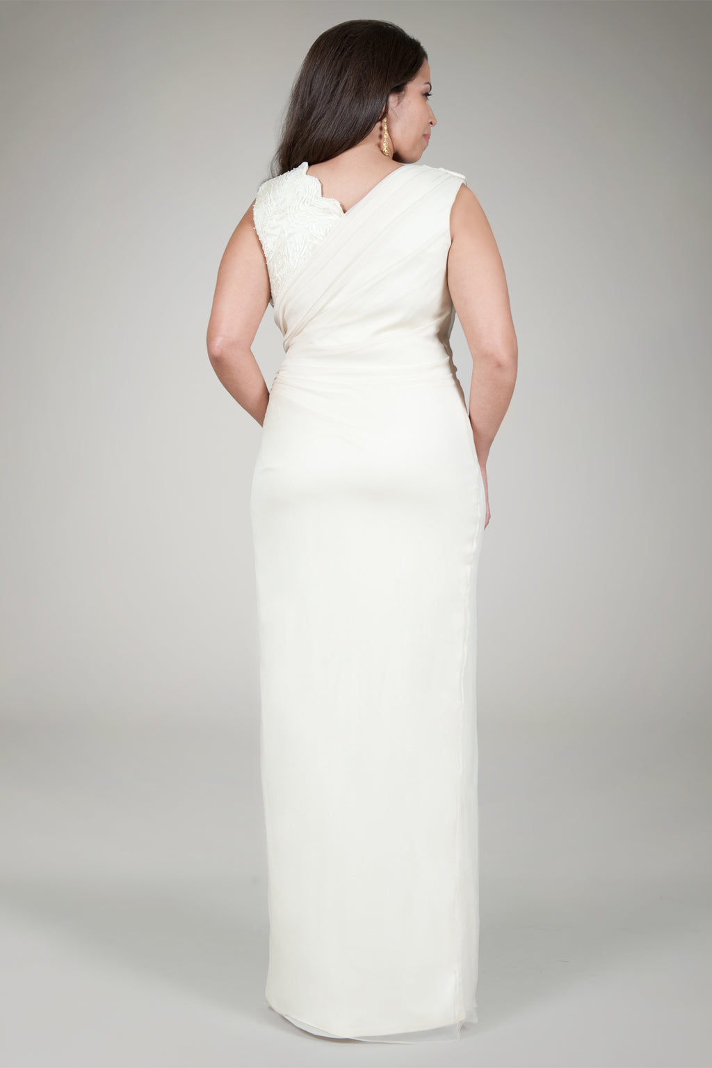 Crinkle Chiffon Lace Inset Gown in Navy