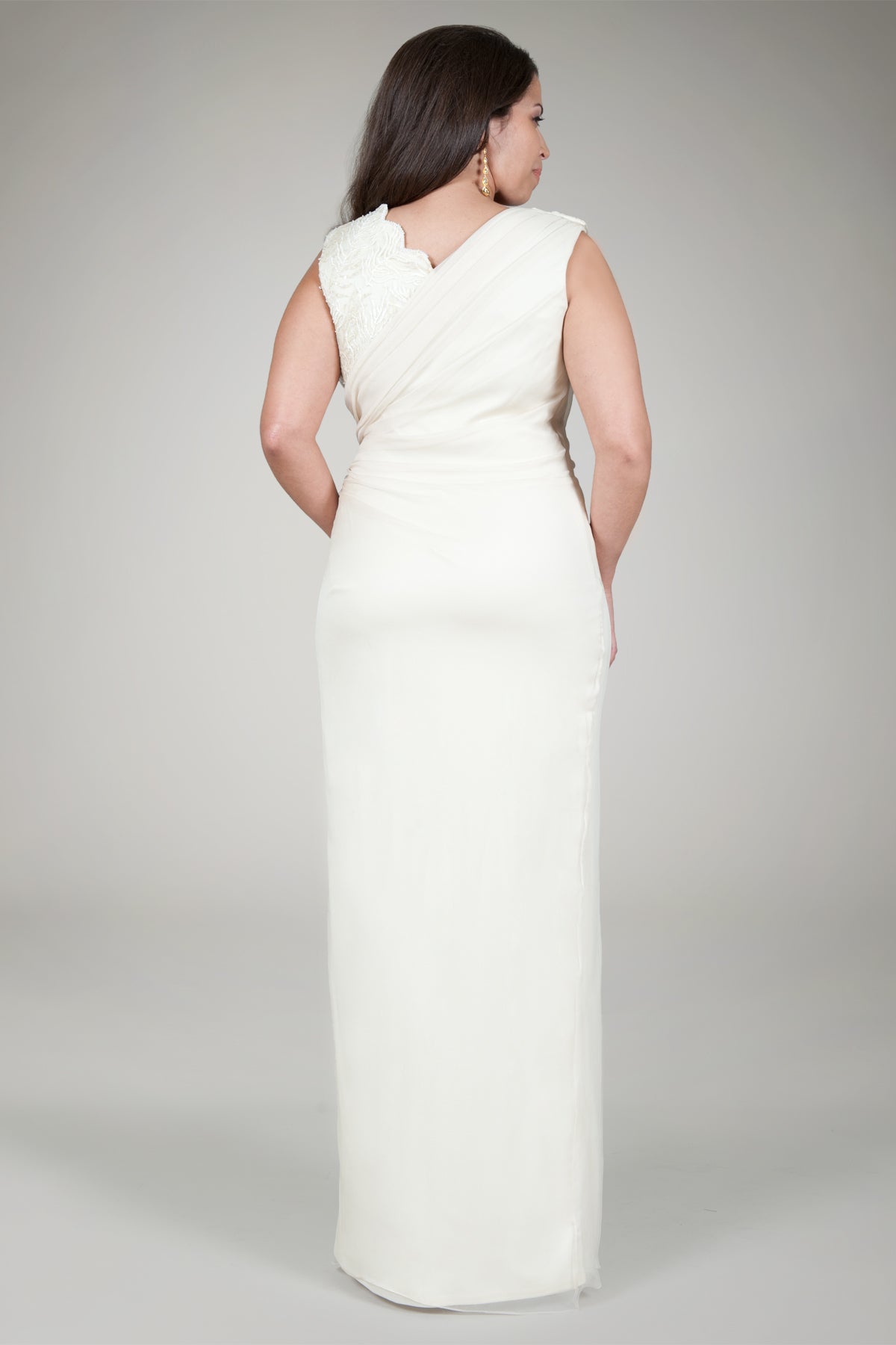 Crinkle Chiffon Lace Inset Gown in Navy