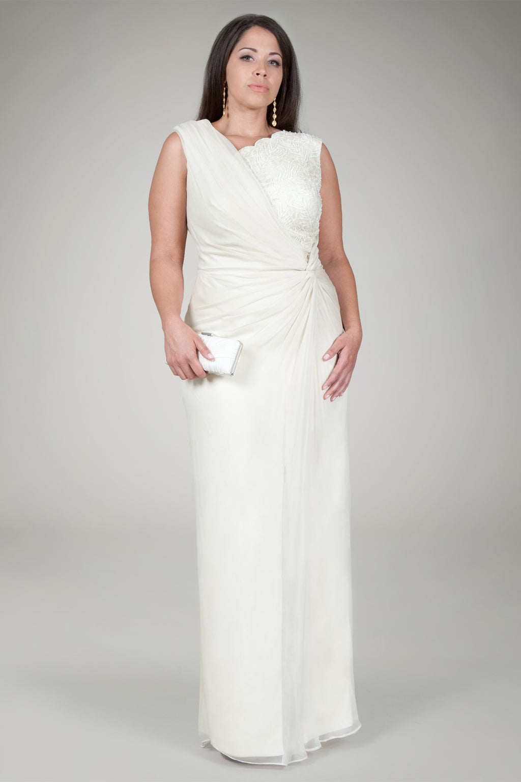 Crinkle Chiffon Lace Inset Gown in Cream