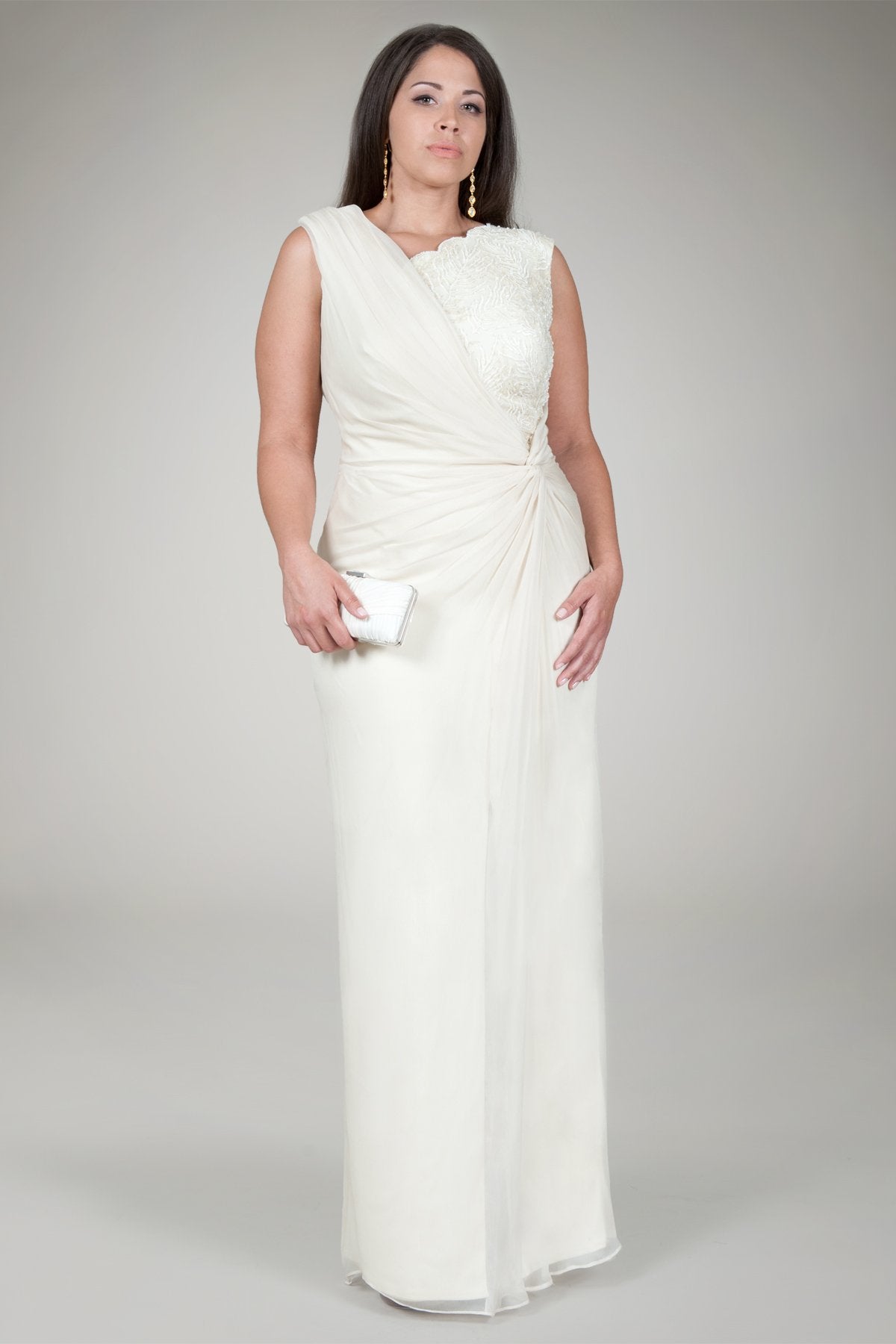 Crinkle Chiffon Lace Inset Gown in Navy