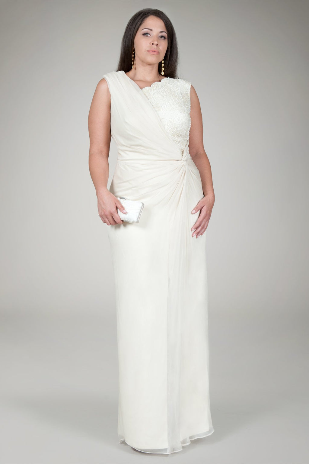 Crinkle Chiffon Lace Inset Gown in Navy