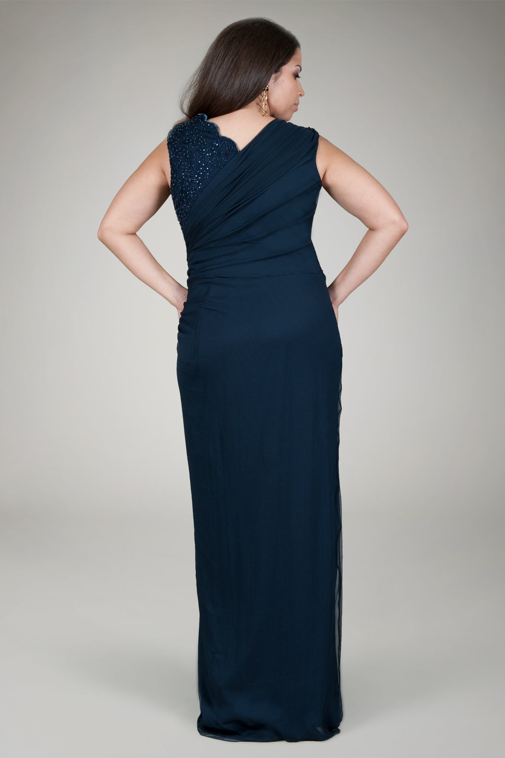 Crinkle Chiffon Lace Inset Gown in Navy