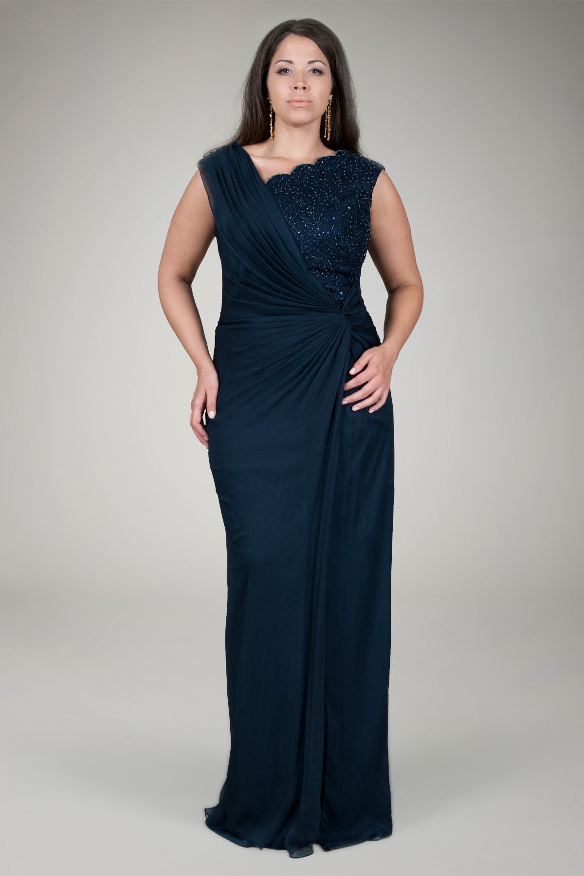 Crinkle Chiffon Lace Inset Gown in Navy