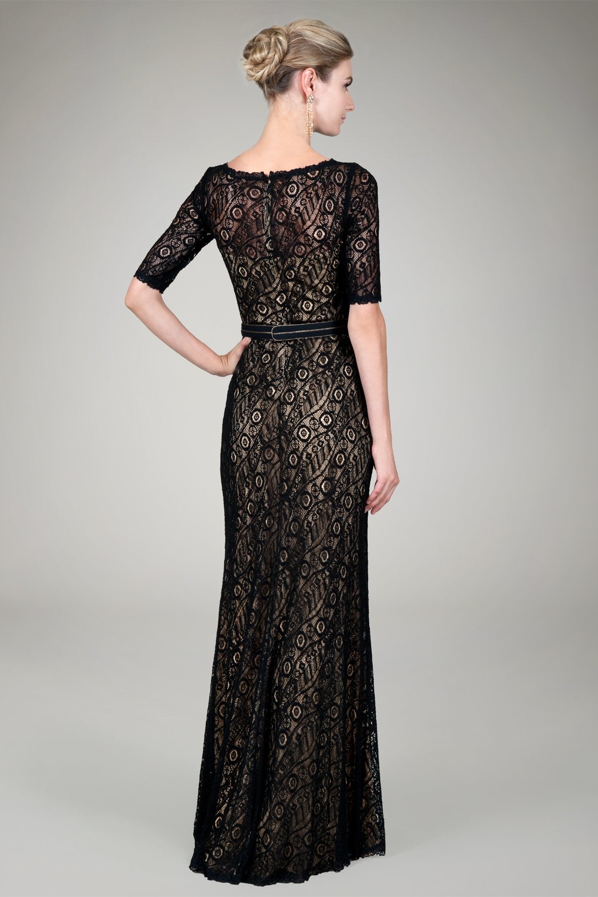 Lace Bateau Gown in Black / Nude