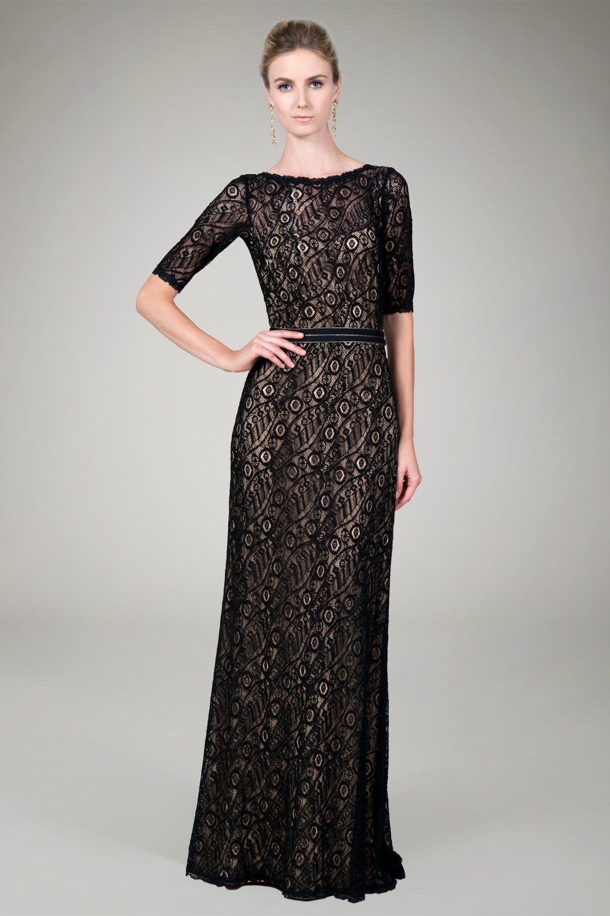 Lace Bateau Gown in Black / Nude