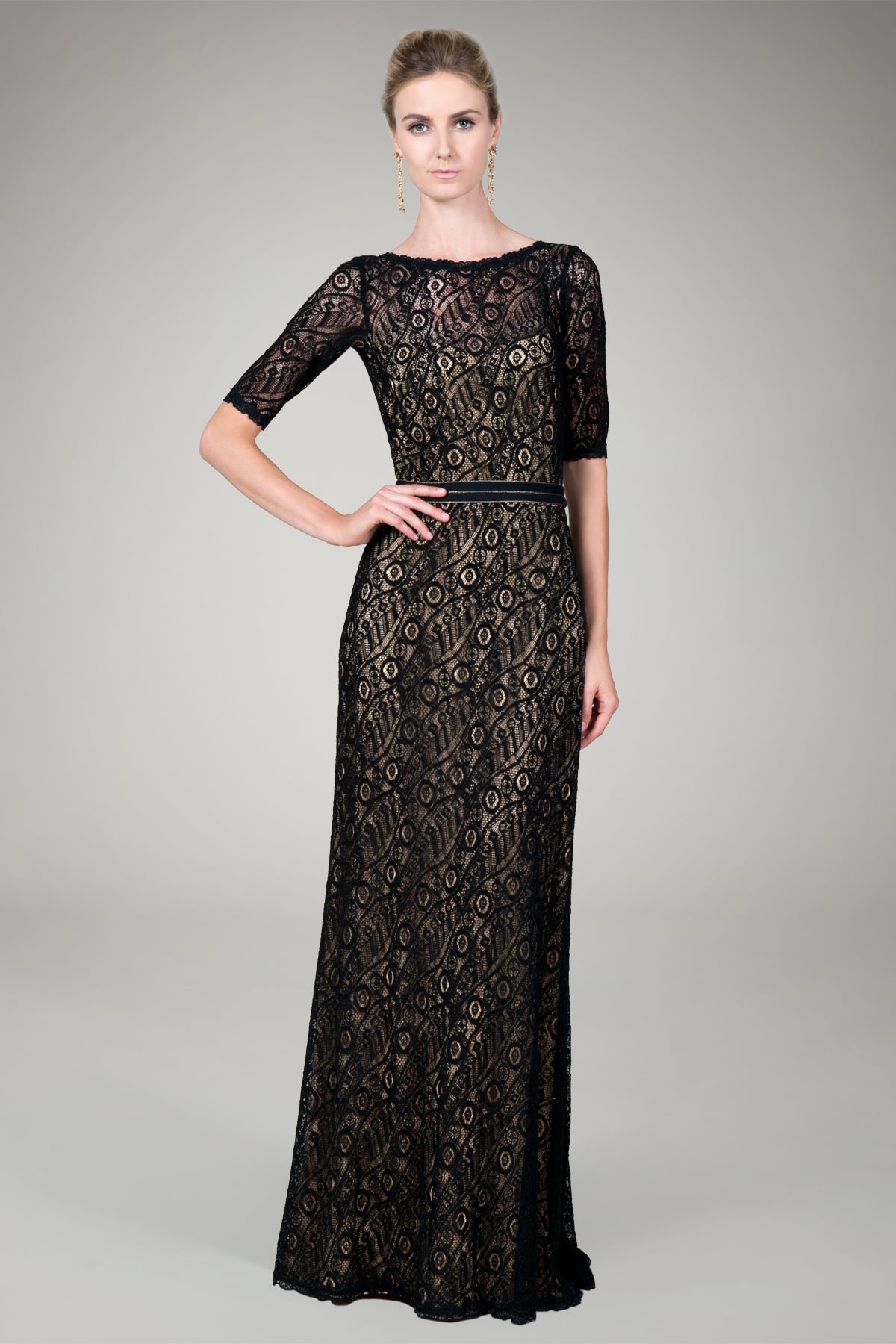 Lace Bateau Gown in Black / Nude