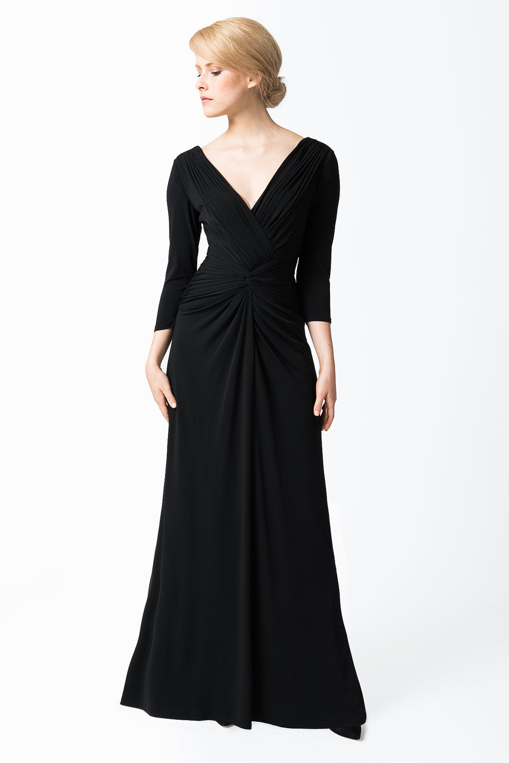 Draped Twist Luxe Jersey Gown in Black