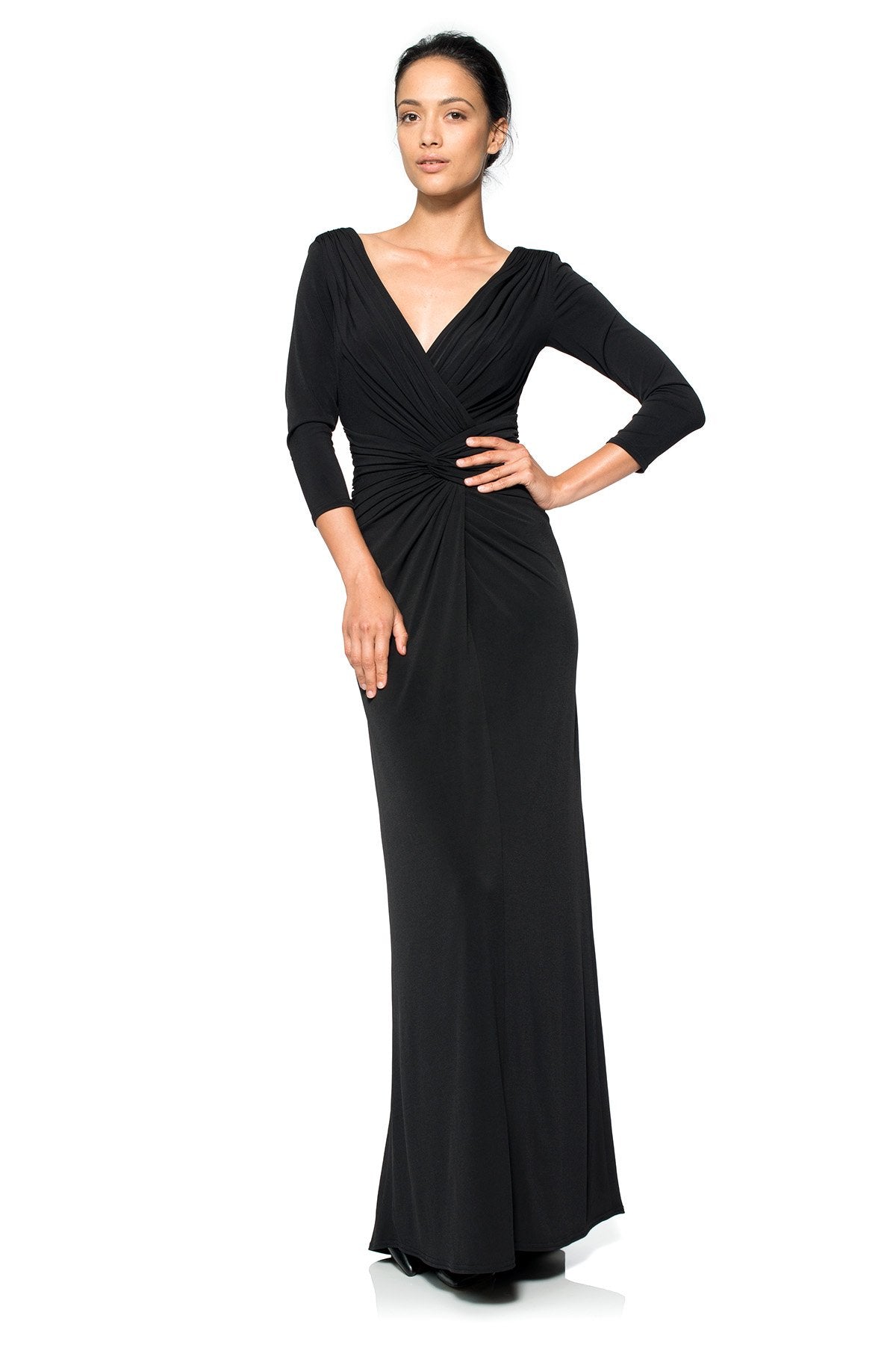 Draped Twist Luxe Jersey Gown in Black