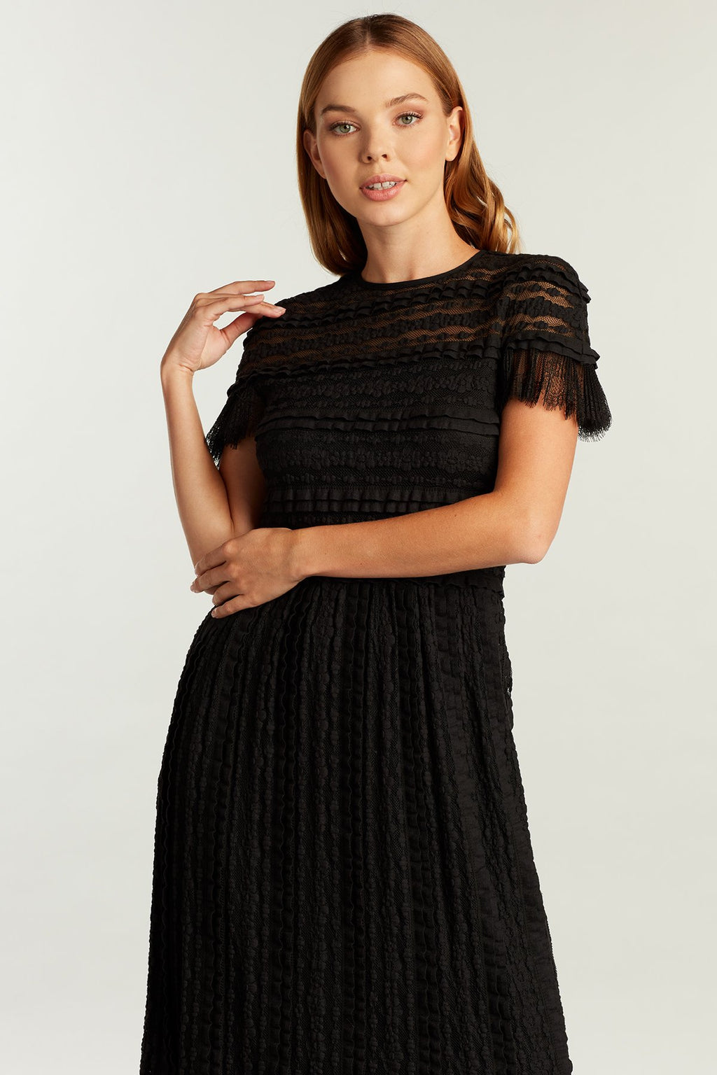 Anji Ruffle-Knit Midi Dress