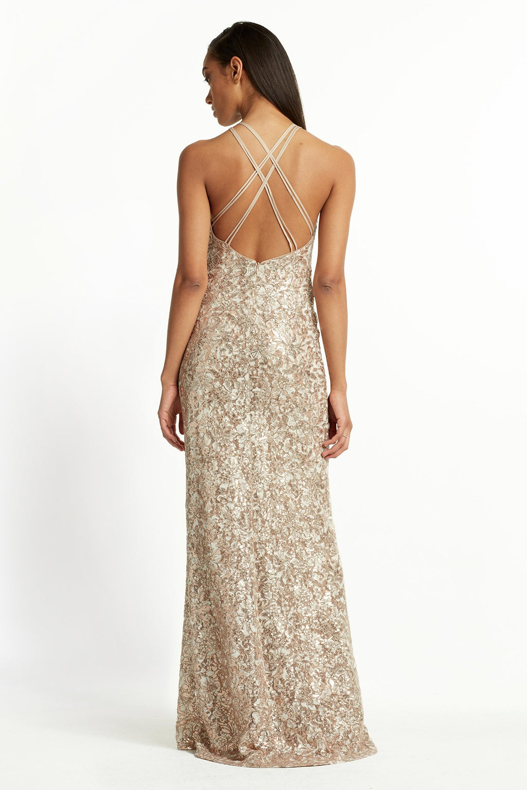 Brinkley Sequin Lace Halter Gown