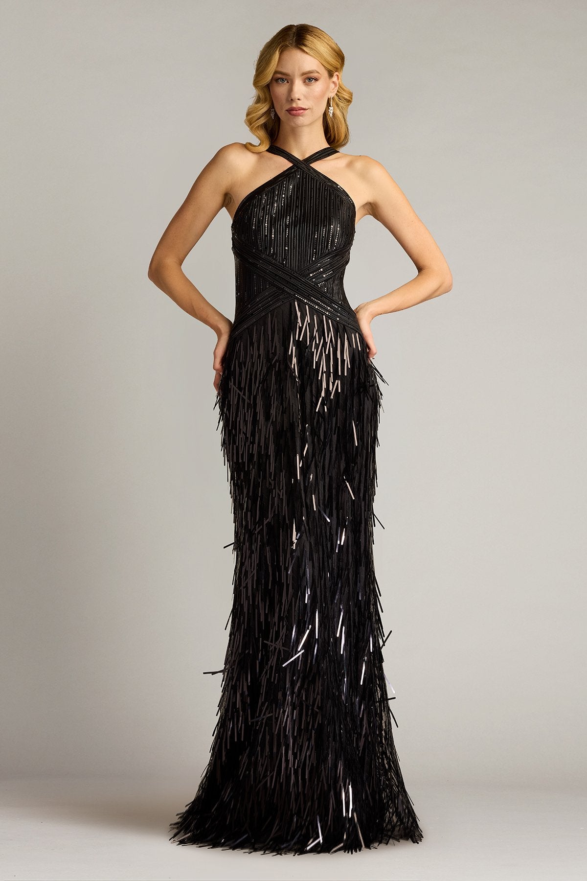 Ares Sequin Fringe Halter Gown