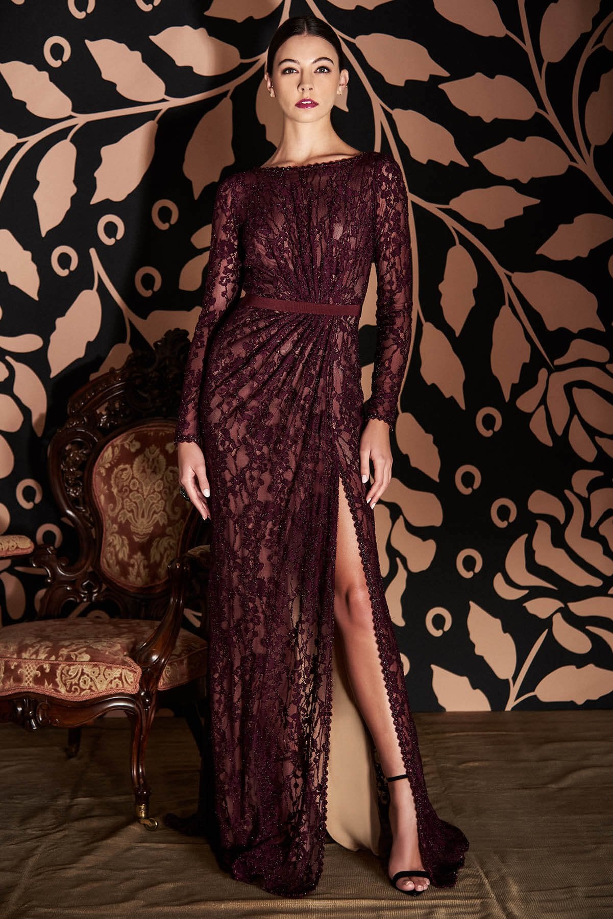 Tadashi Shoji - Seckon Lace Long-Sleeve Slit Gown