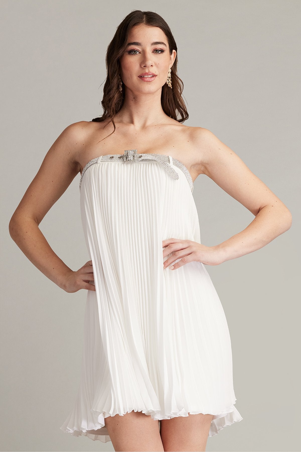 Jemny Pleated Chiffon Trapeze Mini Dress
