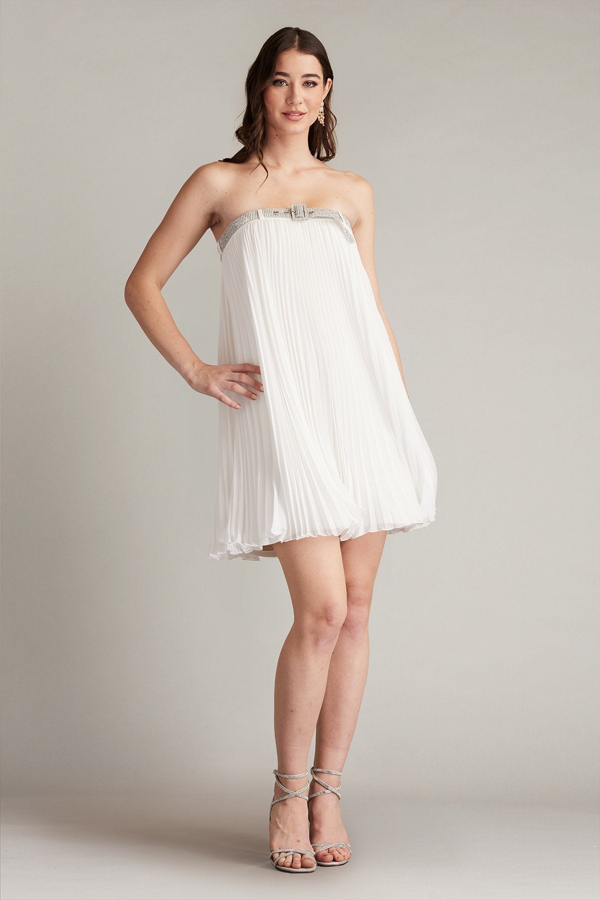 Jemny Pleated Chiffon Trapeze Mini Dress