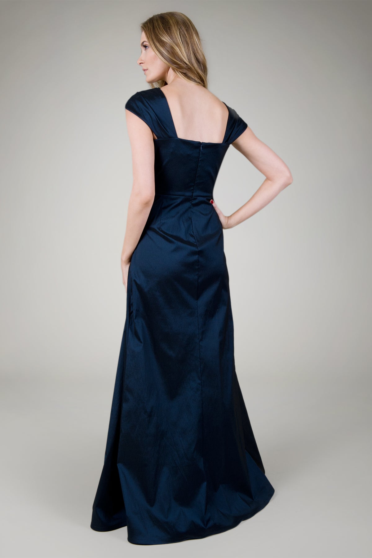 Draped Taffeta Cap Sleeve Gown in Navy