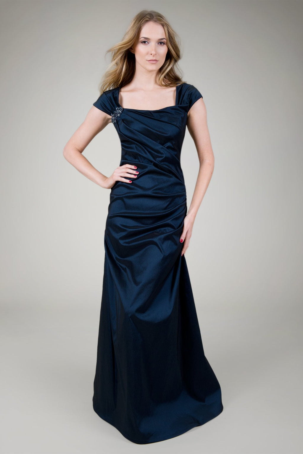 Draped Taffeta Cap Sleeve Gown in Navy
