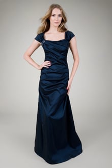 Draped Taffeta Cap Sleeve Gown in Navy