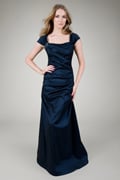 Draped Taffeta Cap Sleeve Gown in Navy