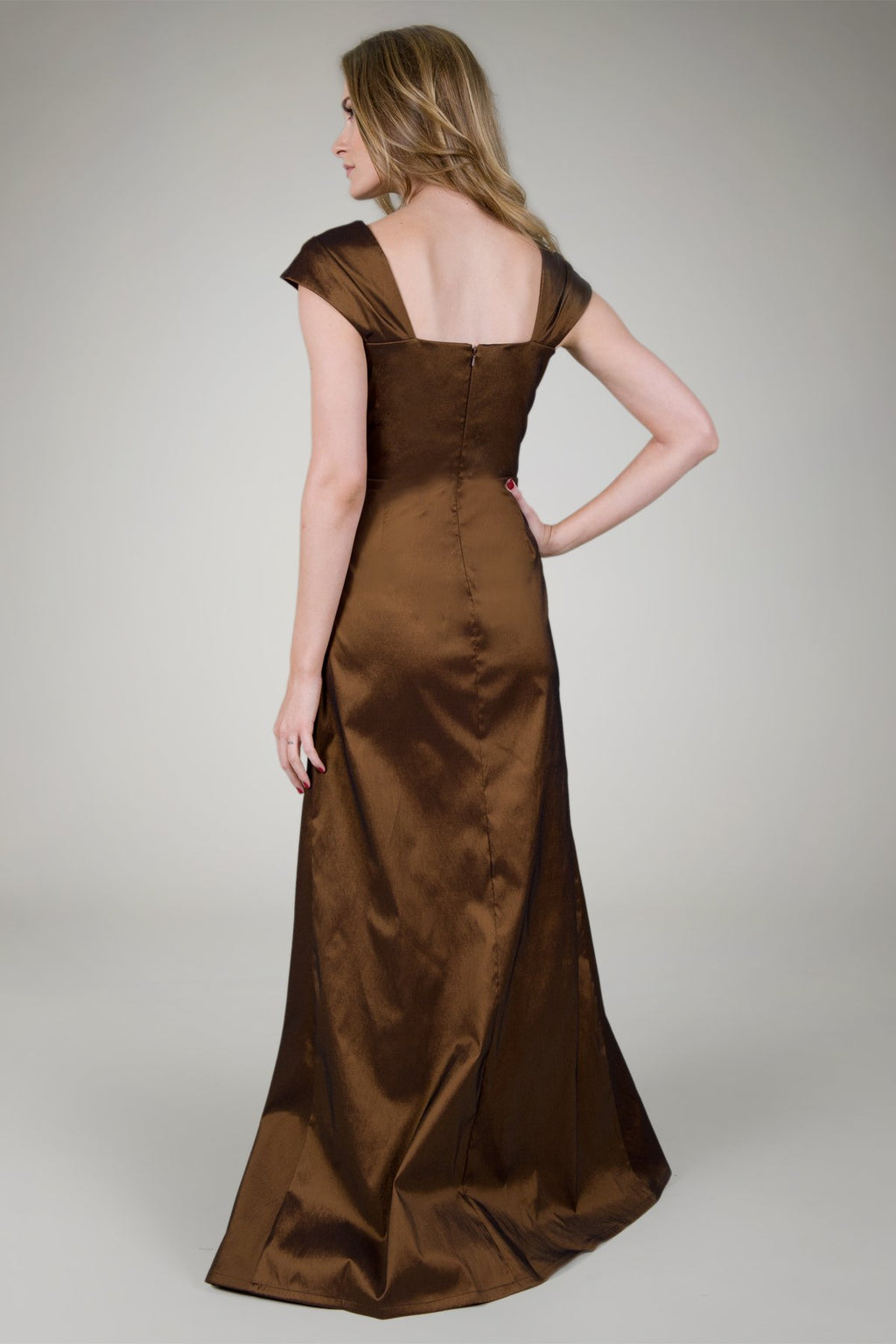 Draped Taffeta Cap Sleeve Gown in Topaz
