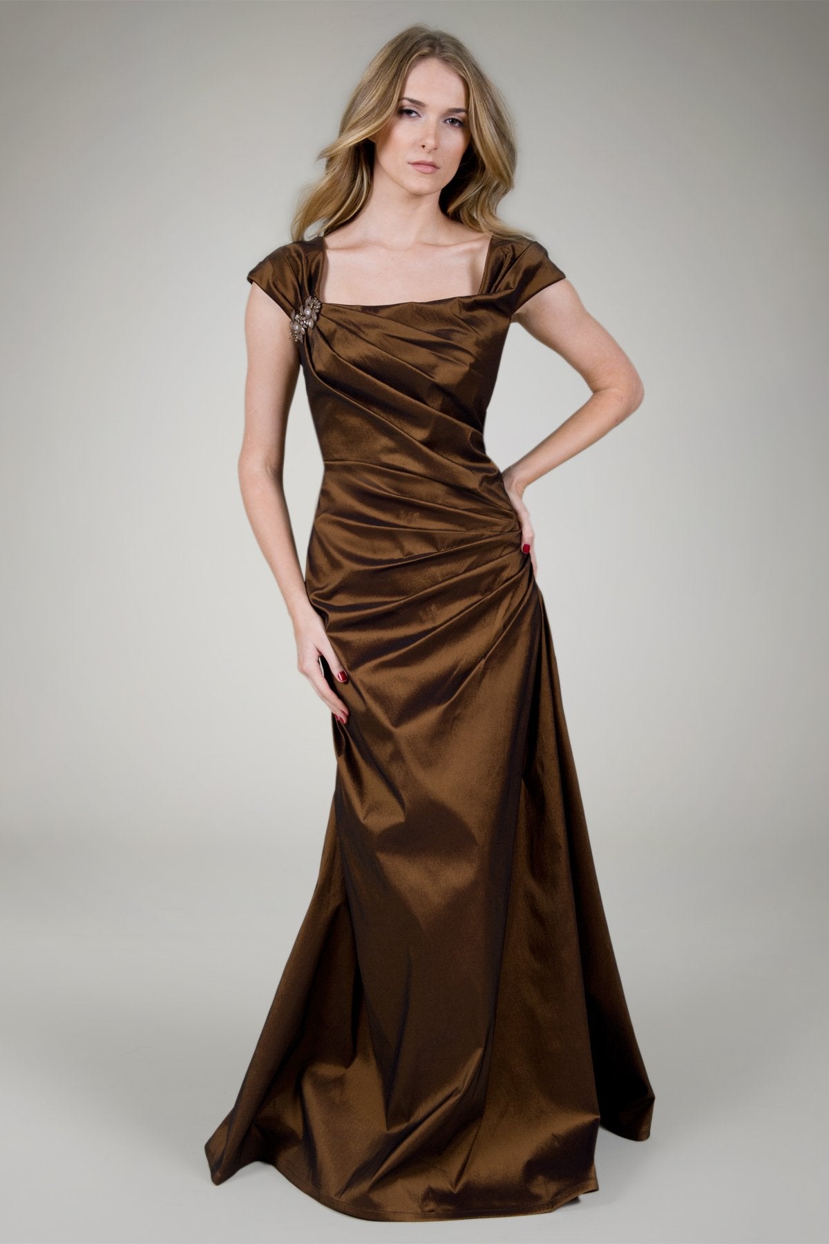 Draped Taffeta Cap Sleeve Gown in Topaz