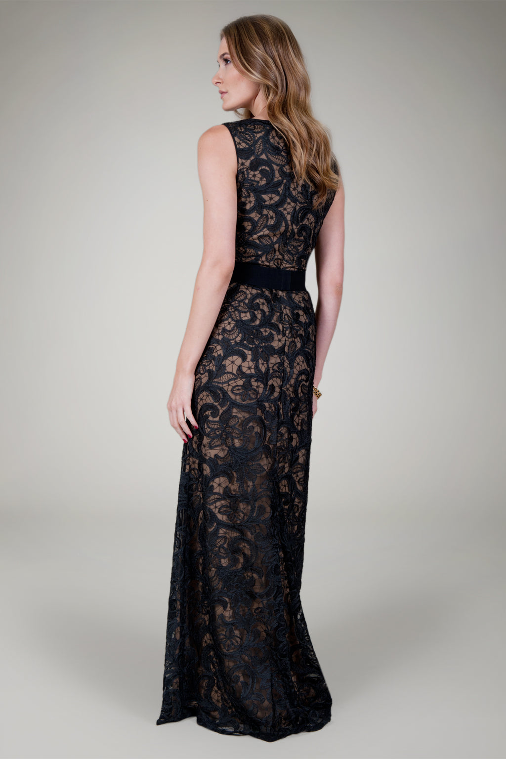 Belted Embroidered Lace Gown in Black / Nude