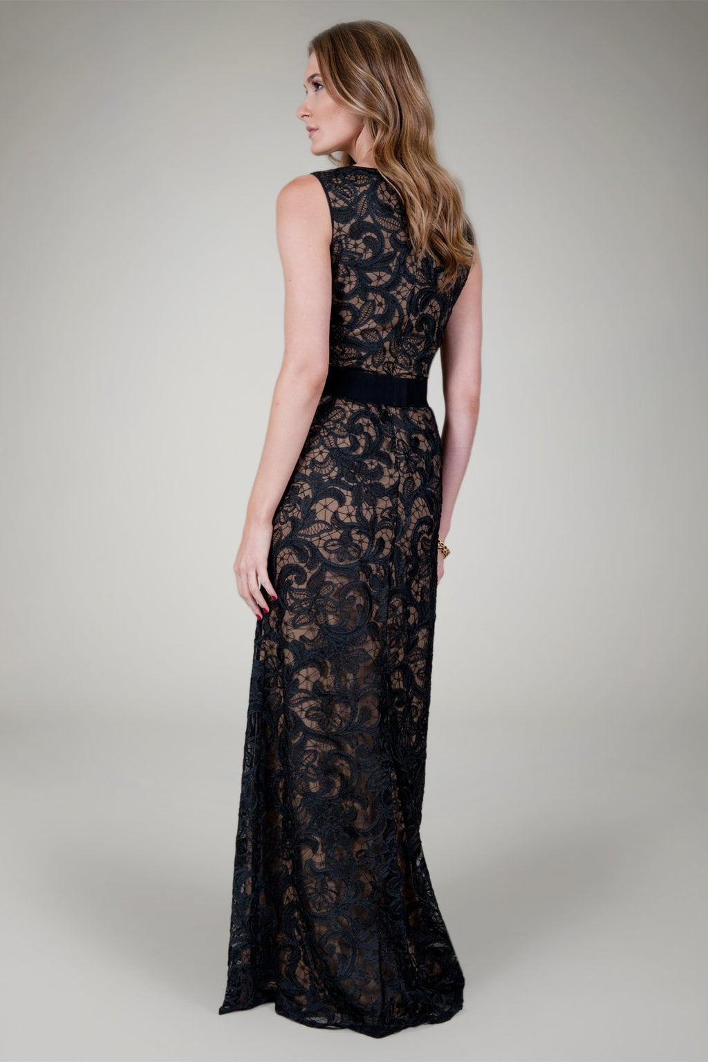 Belted Embroidered Lace Gown in Black / Nude