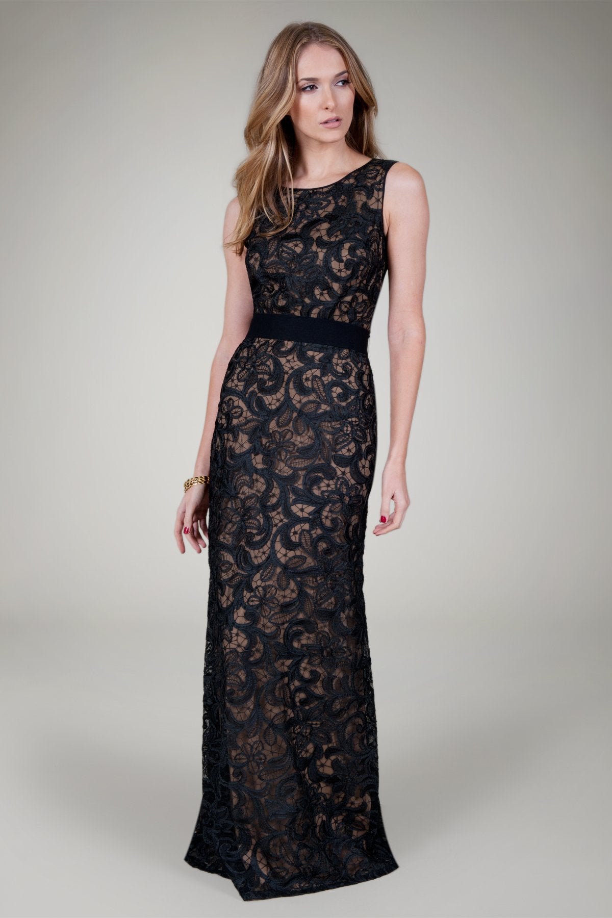 Belted Embroidered Lace Gown in Black / Nude