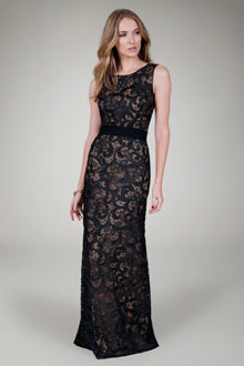 Belted Embroidered Lace Gown in Black / Nude