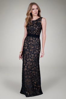 Belted Embroidered Lace Gown in Black / Nude