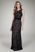 Belted Embroidered Lace Gown in Black / Nude