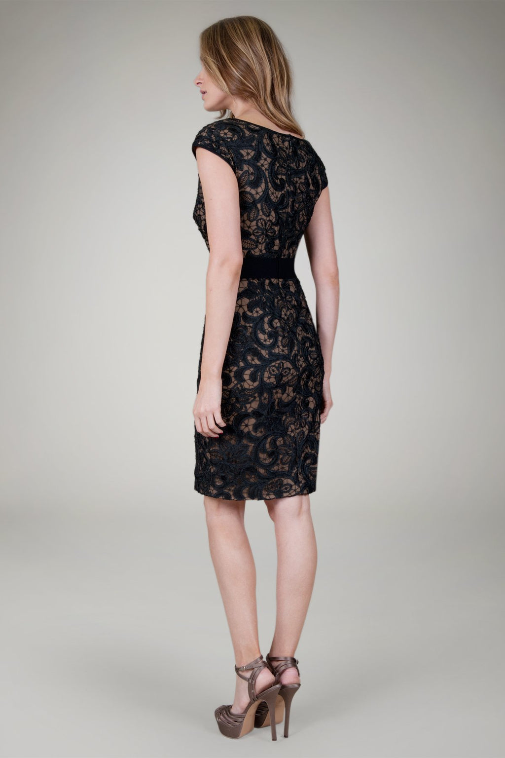 Belted Embroidered Lace Dress in Black / Nude
