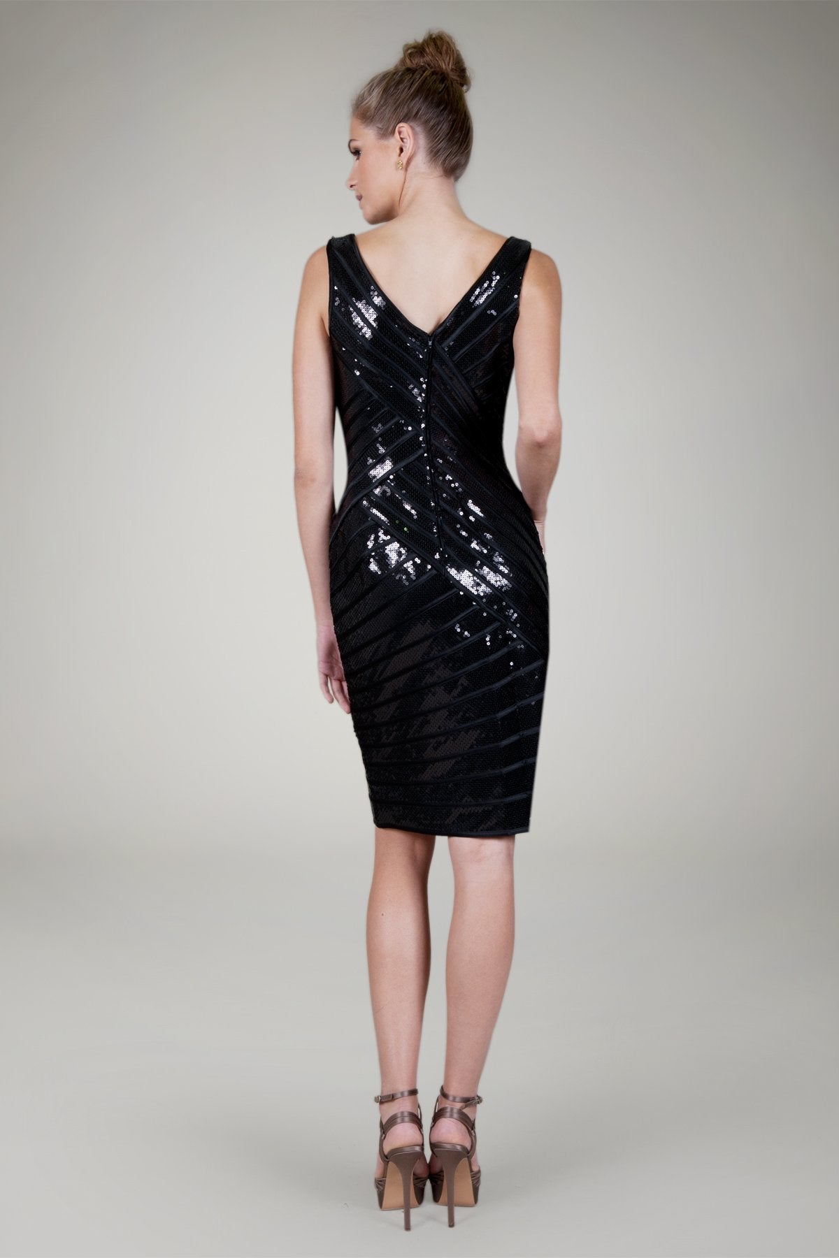 Satin Piped Sequin Dress in Black