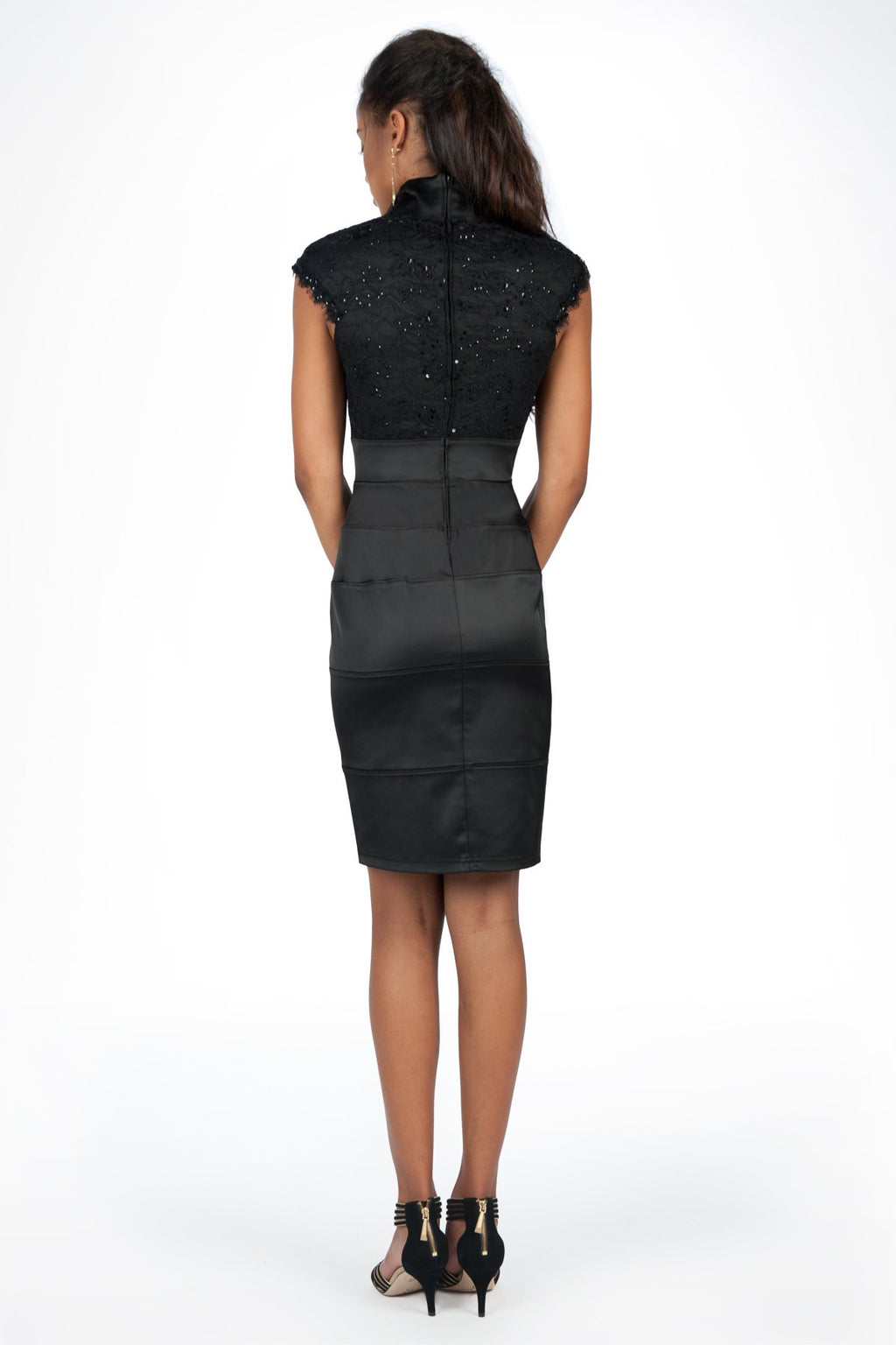 Stretch Satin V-Neck Dress in Black
