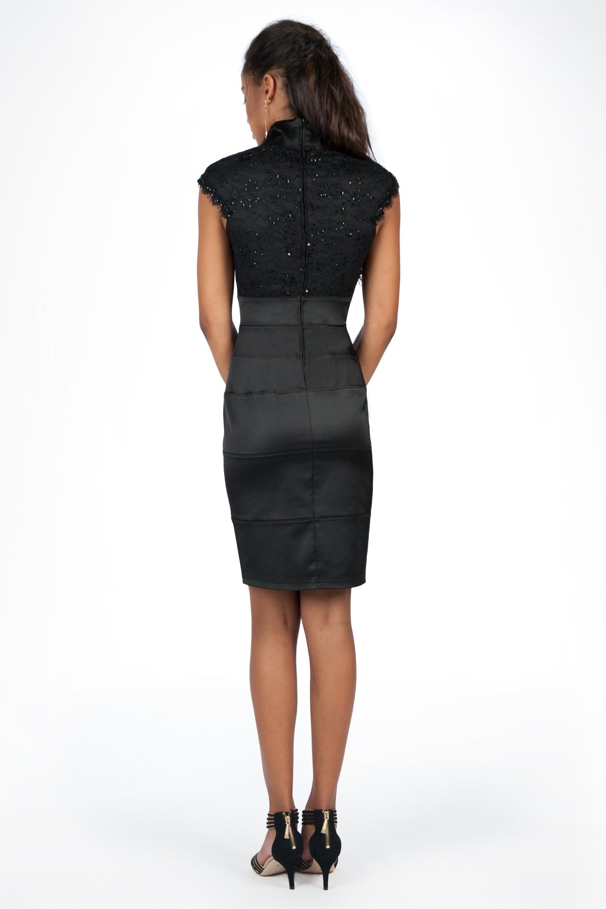 Stretch Satin V-Neck Dress in Black