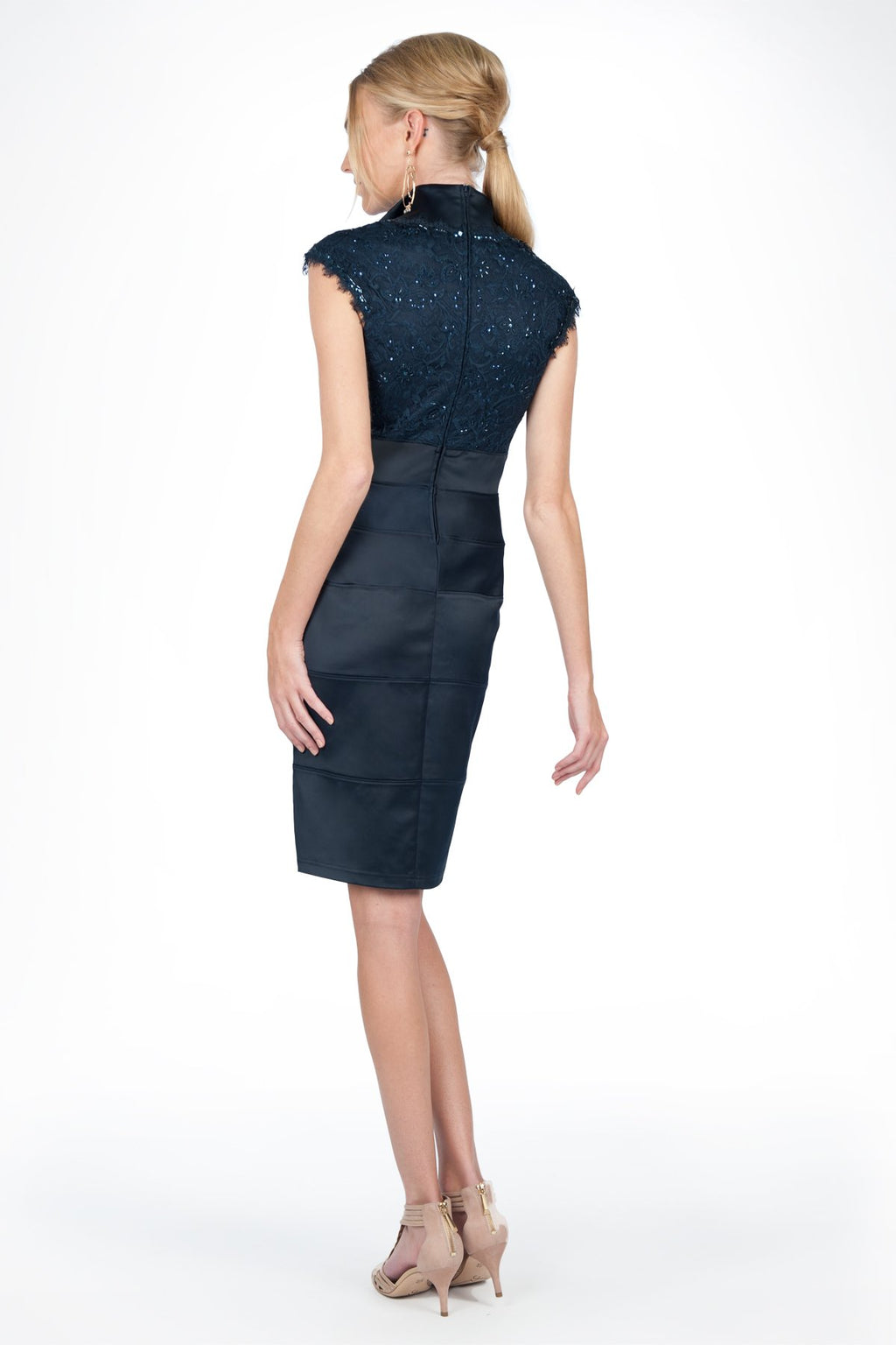 Stretch Satin V-Neck Dress in Navy