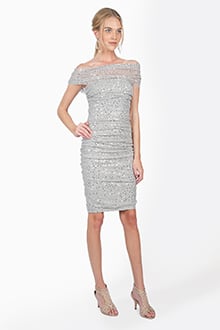 Sequin Mesh Ruched Dress in Silver