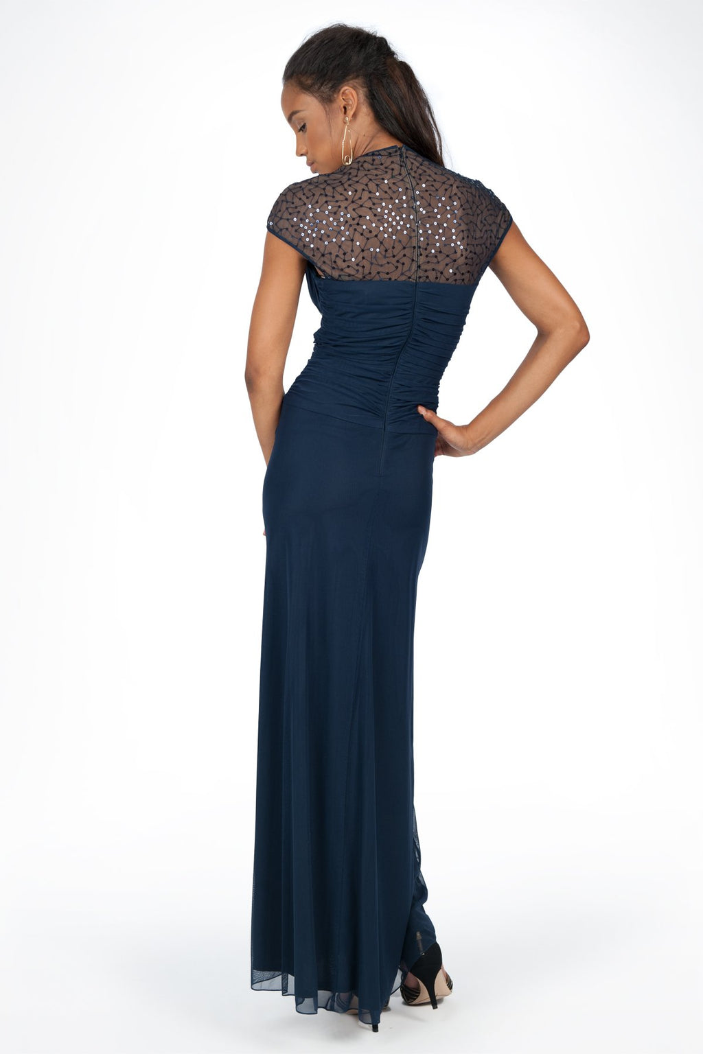 Draped Mesh Sequin Gown in Navy