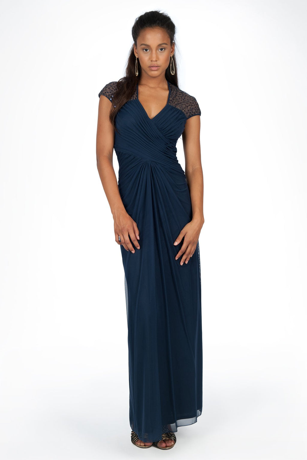 Draped Mesh Sequin Gown in Navy