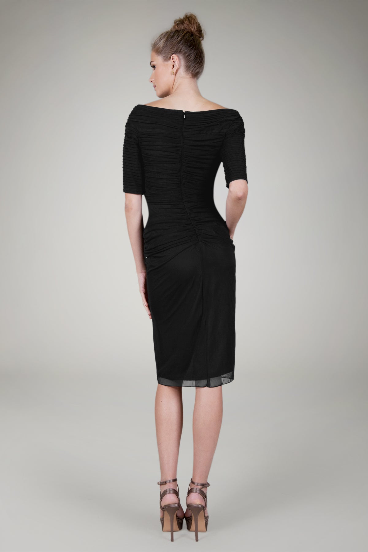Draped Mesh Cocktail Dress in Black