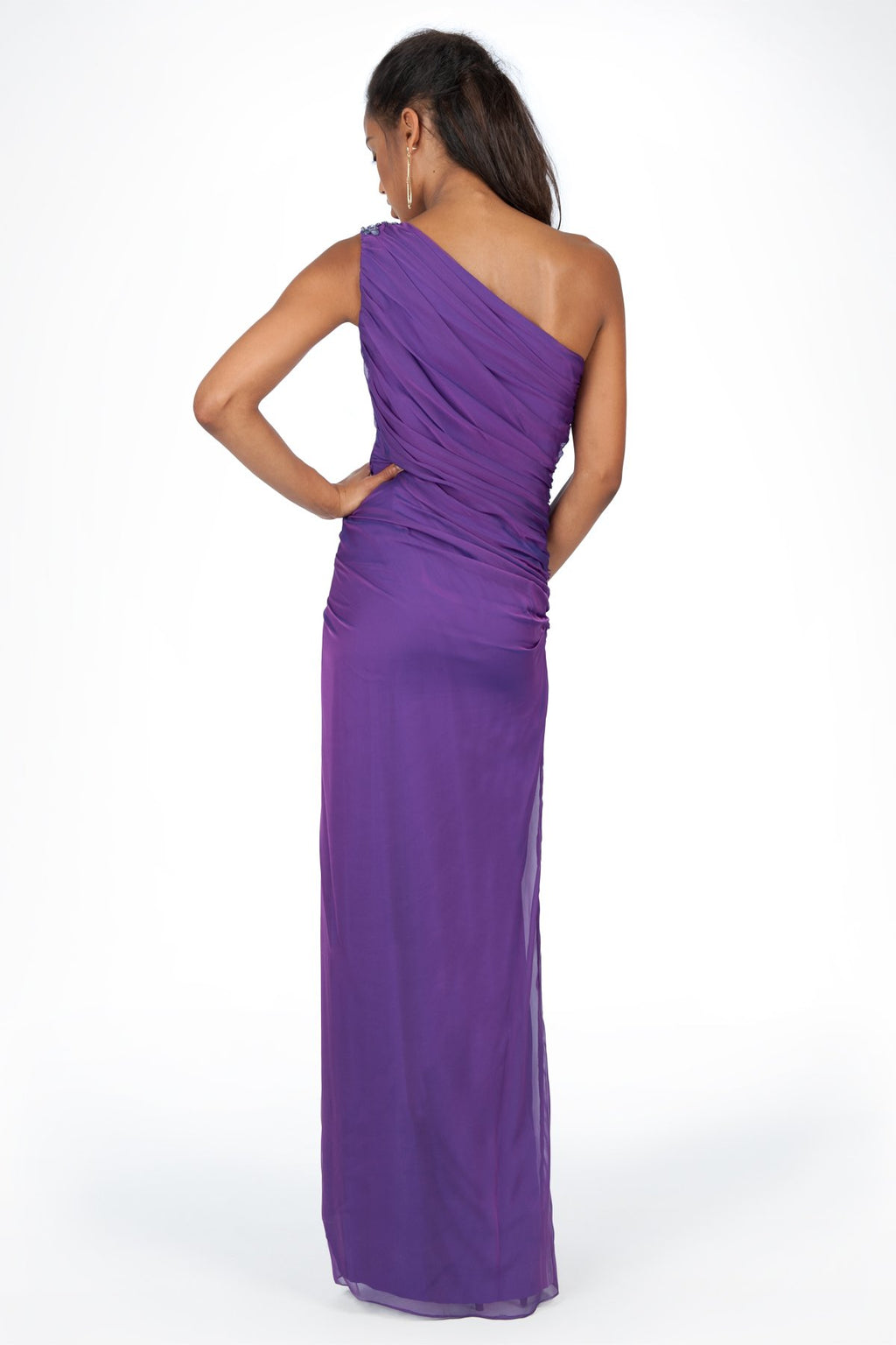 Iridescent Chiffon One Shoulder Gown in Amethyst