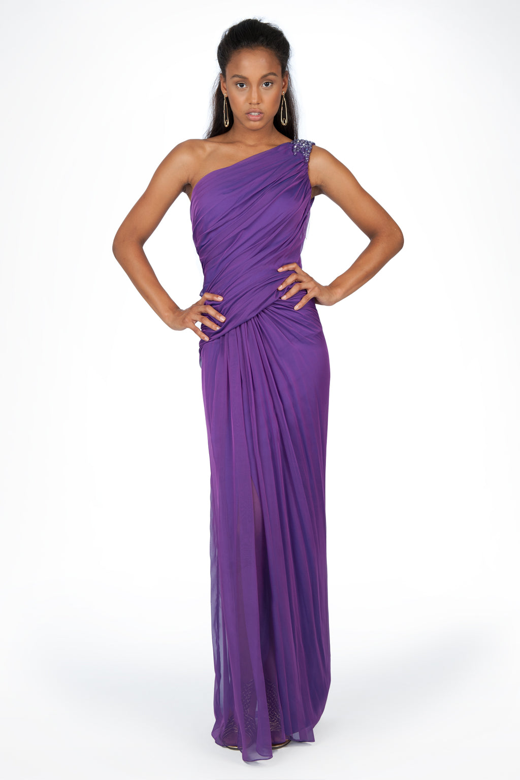Iridescent Chiffon One Shoulder Gown in Amethyst