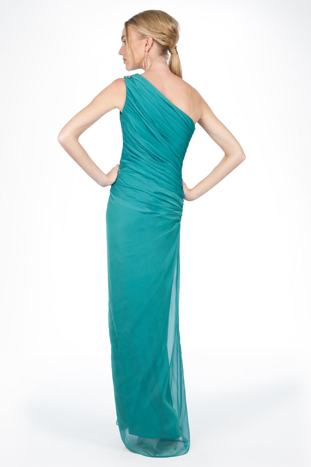 Iridescent Chiffon One Shoulder Gown in Azure Blue