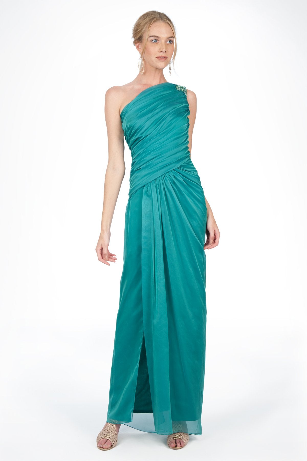 Iridescent Chiffon Flutter Sleeve Gown in Azure Blue